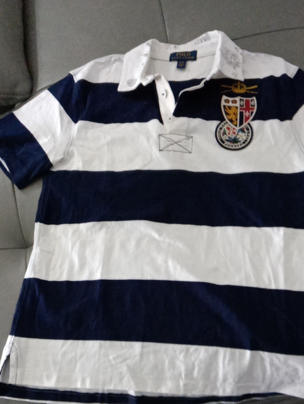Ralph Lauren Navy and White Striped Rugby Shirt with Crest